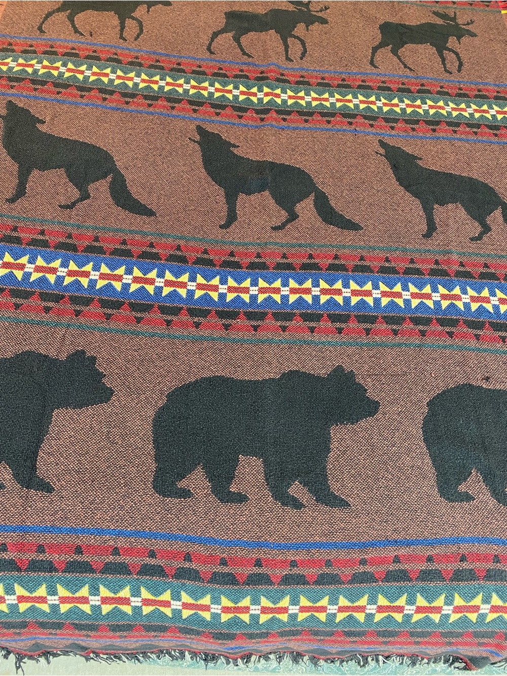 Rust Brown Wildlife woven Throw Blanket with Black Animal Silhouettes